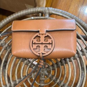 Tory Burch Brown Leather Wristlet with Gold Logo